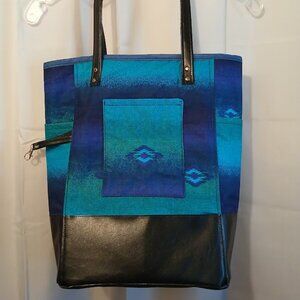 New Southwestern Sarape Tote Shopper shoulder Bag Blue Double handle Carryall